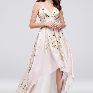 JUMP floral mikado high low cross-back gown